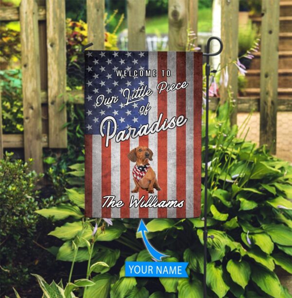 Dachshund Smiling Welcome To Our Paradise Personalized Flag – Personalized Dog Garden Flags – Dog Flags Outdoor