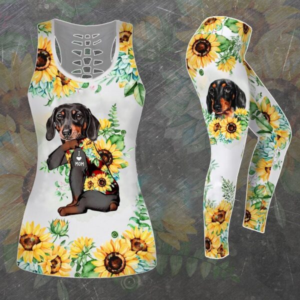 Dachshund Wear Sunflower Shirt Hollow Tanktop Legging Set Outfit – Casual Workout Sets – Dog Lovers Gifts For Him Or Her