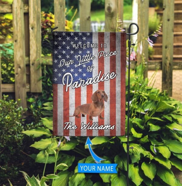Dachshund Welcome To Our Paradise Personalized Flag – Personalized Dog Garden Flags – Dog Flags Outdoor