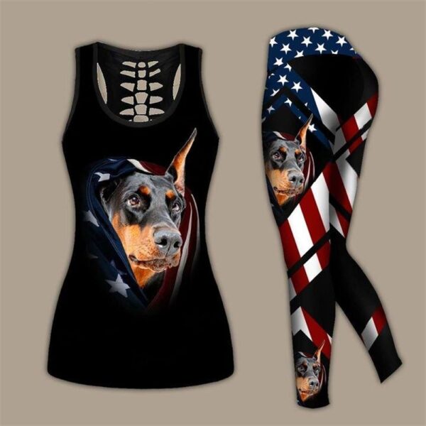 Doberman Dog With American Flag Hollow Tanktop Legging Set Outfit – Casual Workout Sets – Dog Lovers Gifts For Him Or Her