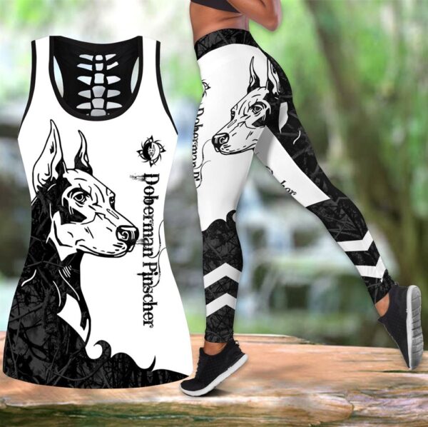 Doberman Pinscher Black Tattoos Hollow Tanktop Legging Set Outfit – Casual Workout Sets – Dog Lovers Gifts For Him Or Her
