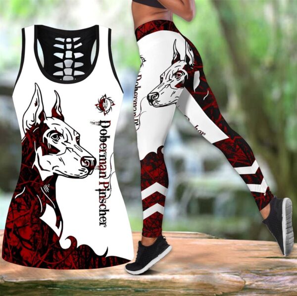 Doberman Pinscher Red Tattoos Hollow Tanktop Legging Set Outfit – Casual Workout Sets – Dog Lovers Gifts For Him Or Her
