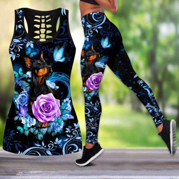 Dobermann Butterfly With Rose Hollow Tanktop Legging Set Outfit – Casual Workout Sets – Dog Lovers Gifts For Him Or Her