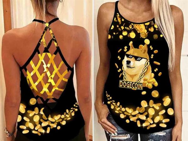 Dogecoin Criss Cross Open Back Tank Top – Workout Shirts – Gift For Dog Lovers