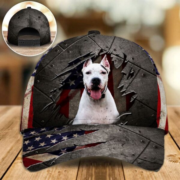 Dogo Argentino On The American Flag Cap Custom Photo – Hats For Walking With Pets – Gifts Dog Hats For Relatives
