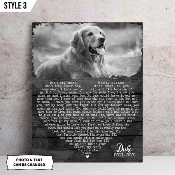 Personalized Poster & Canvas Don’t Cry Sweet Mama Dog Poem Matte Canvas Poster – Dog Memorial Gift For Dog Mom