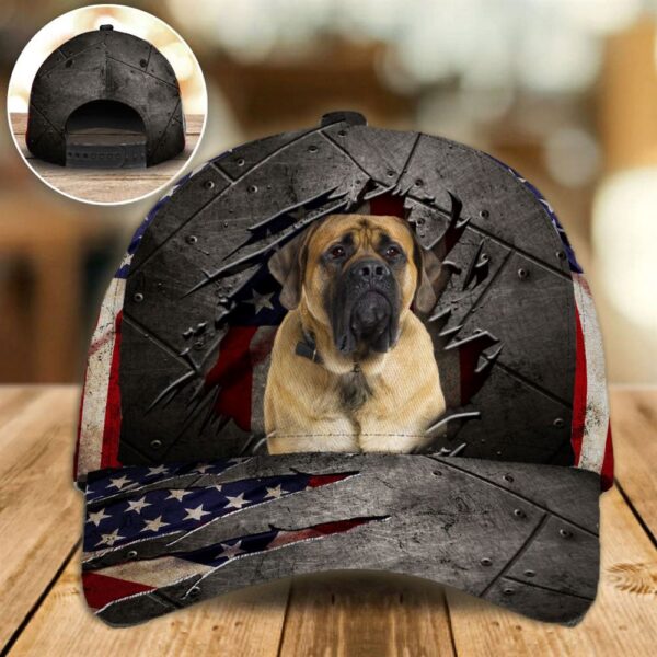 English Mastiff On The American Flag Cap Custom Photo – Hats For Walking With Pets – Gifts Dog Hats For Relatives