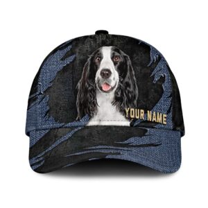 English Springer Spaniel Jean Background Custom Name Cap Classic Baseball Cap All Over Print Gift For Dog Lovers 1 ndcqsw