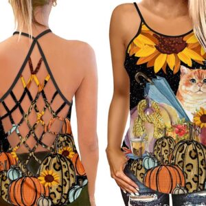 Fat Cat And Sunflower Open Back Camisole Tank Top Fitness Shirt For Women Exercise Shirt 2 pjxfpa