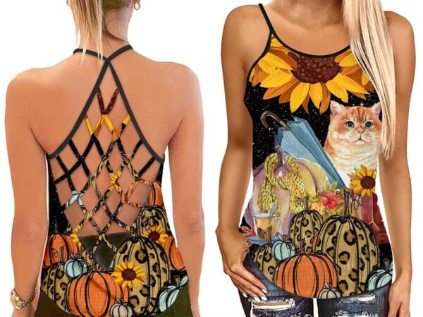 Fat Cat And Sunflower Open Back Camisole Tank Top – Fitness Shirt For Women – Exercise Shirt