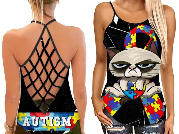 Funny Angry Cat Puzzle Open Back Camisole Tank Top – Fitness Shirt For Women – Exercise Shirt