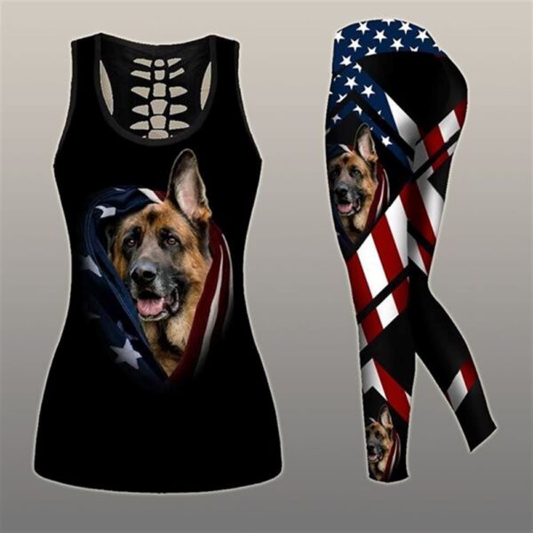 German Shepherd American Flag Hollow Tanktop Legging Set Outfit – Casual Workout Sets – Dog Lovers Gifts For Him Or Her