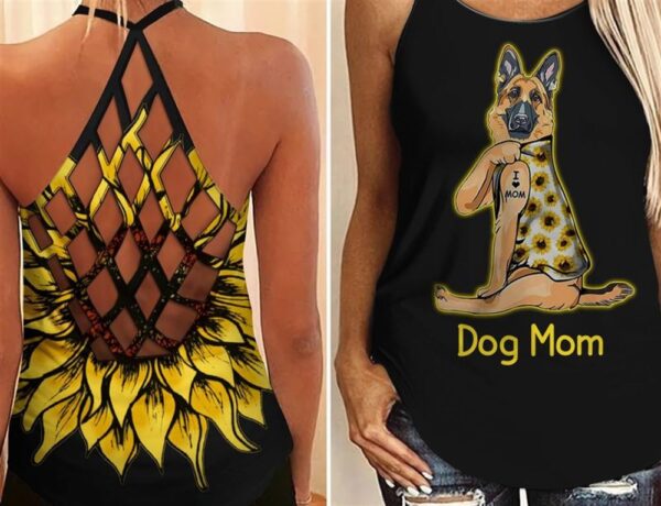 German Shepherd Dog Mom Sunflower Criss Cross Tank Top – Women Hollow Camisole – Mother’s Day Gift – Best Gift For Dog Mom