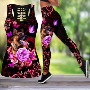 German Shepherd Red Butterfly Hollow Tanktop Legging Set Outfit – Casual Workout Sets – Dog Lovers Gifts For Him Or Her