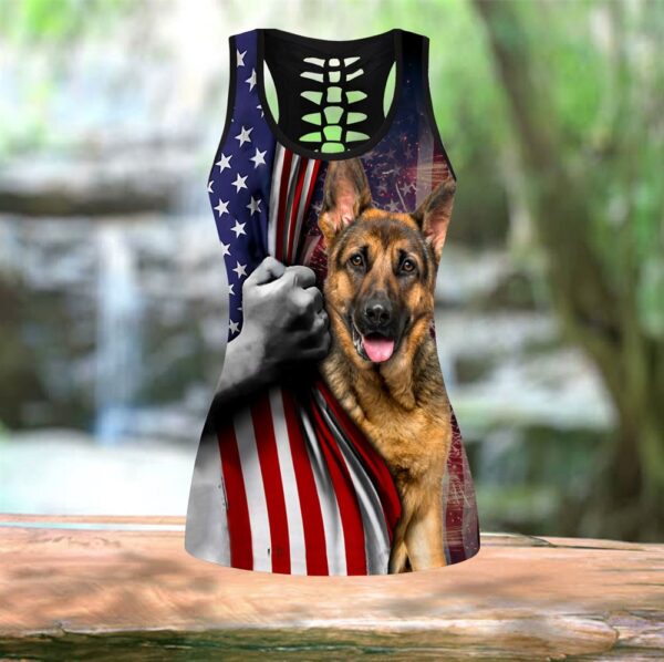 German Shepherd With American Flag Hollow Tanktop Legging Set Outfit – Casual Workout Sets – Dog Lovers Gifts For Him Or Her
