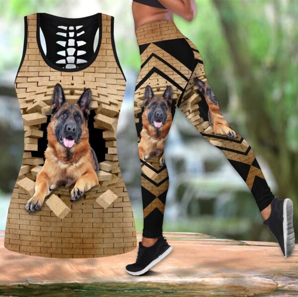 German Shepherd With Bricks Hollow Tanktop Legging Set Outfit – Casual Workout Sets – Dog Lovers Gifts For Him Or Her
