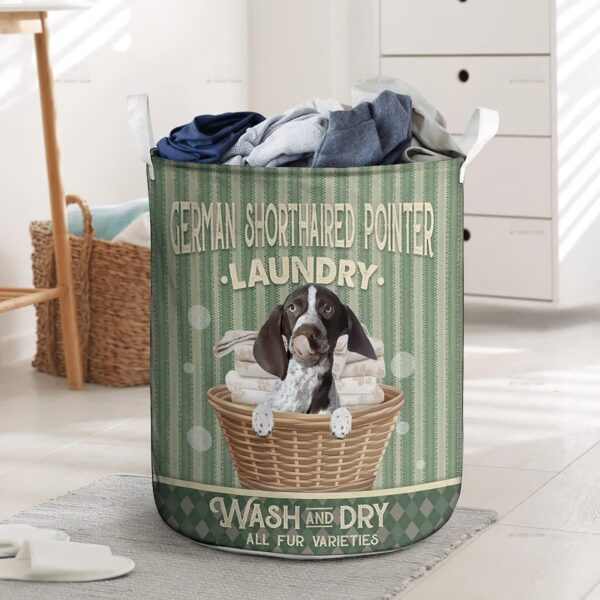 German Shorthaired Pointed Wash And Dry In Green Stripe Pattern Laundry Basket – Dog Laundry Basket – Home Decor