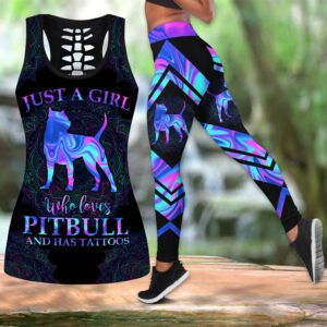 Girl Loves Pitbull Tattoos Hollow Tanktop Legging Set Outfit – Casual Workout Sets – Dog Lovers Gifts For Him Or Her