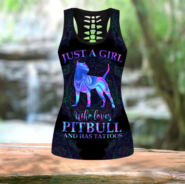 Girl Loves Pitbull Tattoos Hollow Tanktop Legging Set Outfit – Casual Workout Sets – Dog Lovers Gifts For Him Or Her