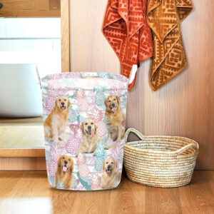 Golden Retriever In Summer Tropical With Leaf Seamless Laundry Basket Dog Laundry Basket Christmas Gift For Her Home Decor 1