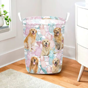 Golden Retriever In Summer Tropical With Leaf Seamless Laundry Basket Dog Laundry Basket Christmas Gift For Her Home Decor 2