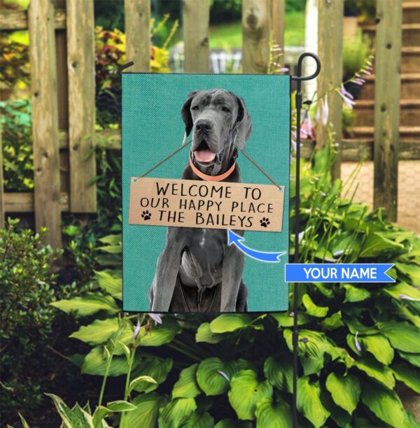 Great Dane Welcome To Our Happy Place Personalized Flag – Custom Dog Garden Flags – Dog Flags Outdoor