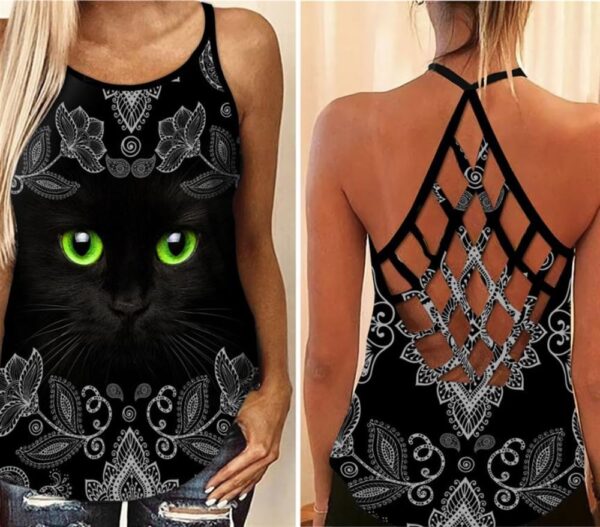 Green Eye Black Cat Criss Cross Tank Top – Women Hollow Camisole – Gift For Cat Lover