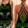 Green Eyed Black Cat Criss Cross Tank Top – Women Hollow Camisole – Gift For Cat Lover