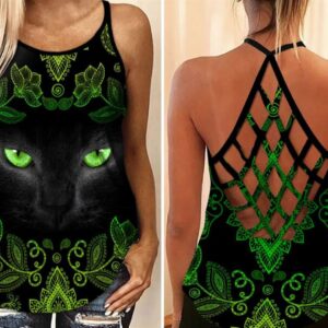 Green Eyed Black Cat Criss Cross Tank Top – Women Hollow Camisole – Gift For Cat Lover