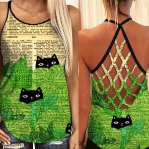 Green Leaf Cat Criss Cross Tank Top – Women Hollow Camisole – Gift For Cat Lover