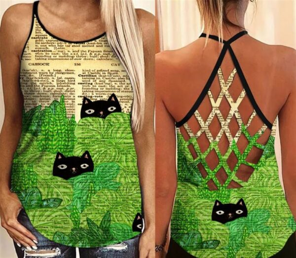 Green Leaf Cat Criss Cross Tank Top – Women Hollow Camisole – Gift For Cat Lover