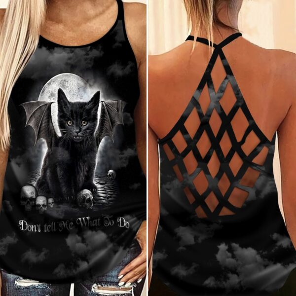 Halloween Cat Bat Open Back Camisole Tank Top – Fitness Shirt For Women – Exercise Shirt