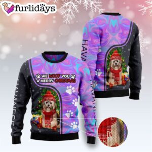 Havanese Hologram Color Ugly Christmas Sweater Gift For Dog Lovers Unisex Crewneck Sweater 3