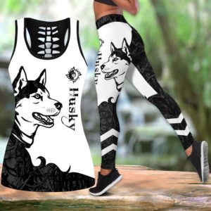 Husky Black Tattoos Hollow Tanktop Legging Set Outfit – Casual Workout Sets – Dog Lovers Gifts For Him Or Her