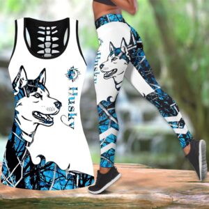 Husky Blue Tattoos Hollow Tanktop Legging Set Outfit – Casual Workout Sets – Dog Lovers Gifts For Him Or Her