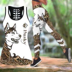 Husky Brown Tattoos Hollow Tanktop Legging Set Outfit – Casual Workout Sets – Dog Lovers Gifts For Him Or Her
