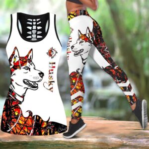 Husky Orange Tattoos Hollow Tanktop Legging Set Outfit – Casual Workout Sets – Dog Lovers Gifts For Him Or Her