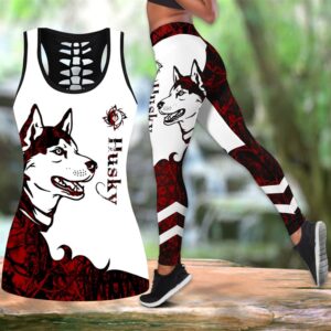 Husky Red Tattoos Hollow Tanktop Legging Set Outfit – Casual Workout Sets – Dog Lovers Gifts For Him Or Her