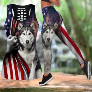 Husky With American Flag Hollow Tanktop Legging Set Outfit – Casual Workout Sets – Dog Lovers Gifts For Him Or Her