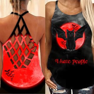 I Hate People Black Cat Criss Cross Tank Top – Women Hollow Camisole – Gift For Cat Lover