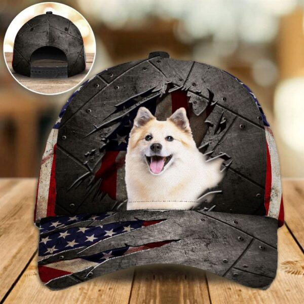 Icelandic Sheepdog On The American Flag Cap Custom Photo – Hats For Walking With Pets – Gifts Dog Hats For Relatives