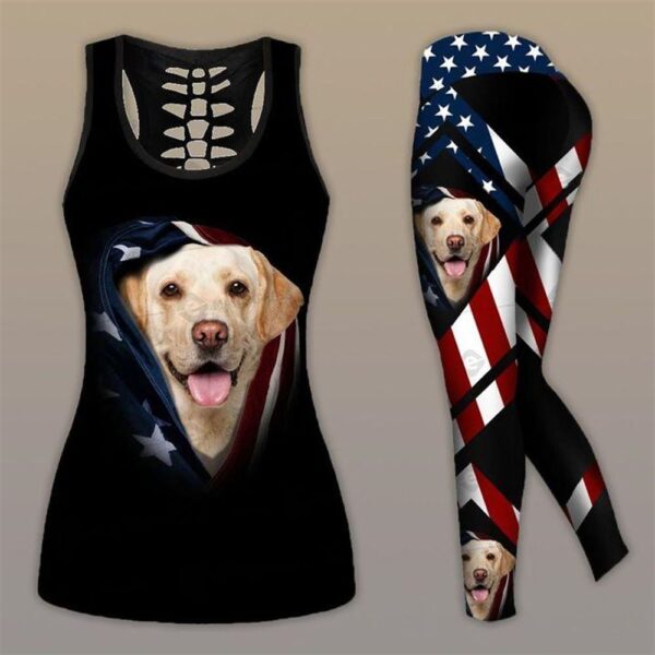Labrador Dog With American Flag Hollow Tanktop Legging Set Outfit – Casual Workout Sets – Dog Lovers Gifts For Him Or Her