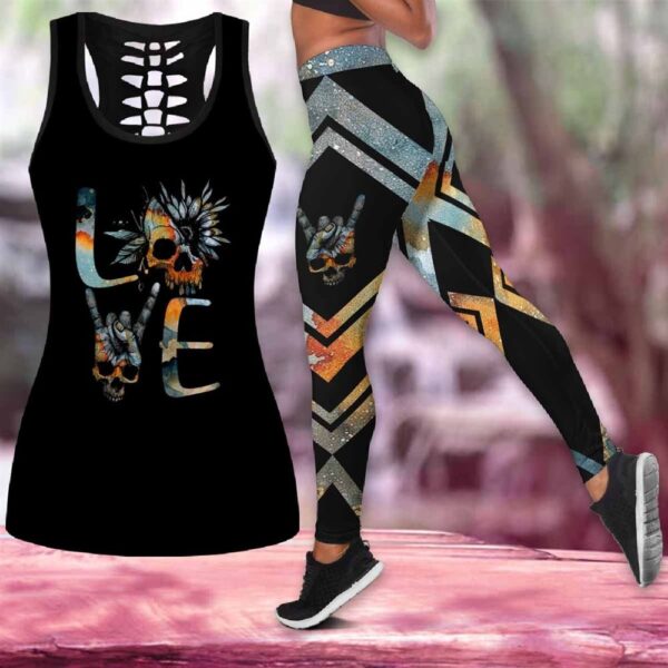 Love Skull Tattoo Combo Leggings And Hollow Tank Top – Workout Sets For Women – Gift For Dog Lovers