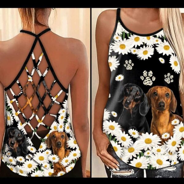 Lovely Two Dachshund With Flower Criss Cross Tank Top – Women Hollow Camisole – Mother’s Day Gift – Best Gift For Dog Mom