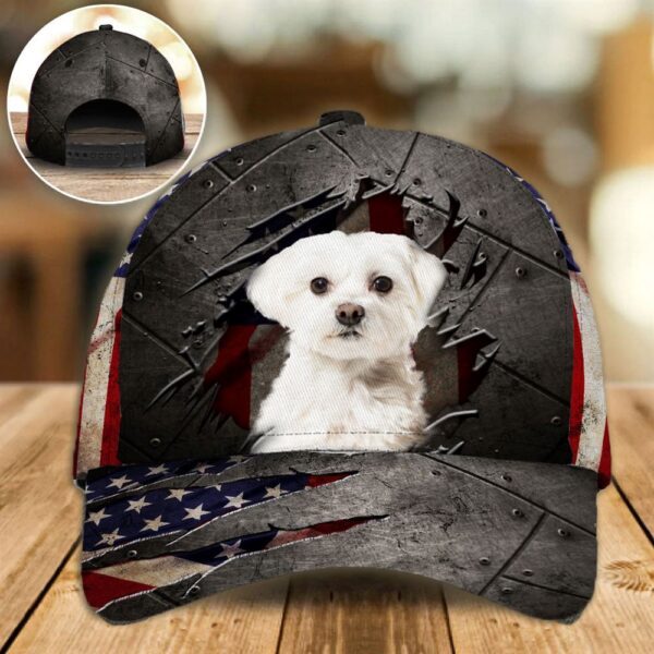 Maltese On The American Flag Cap Custom Photo – Hats For Walking With Pets – Gifts Dog Hats For Relatives