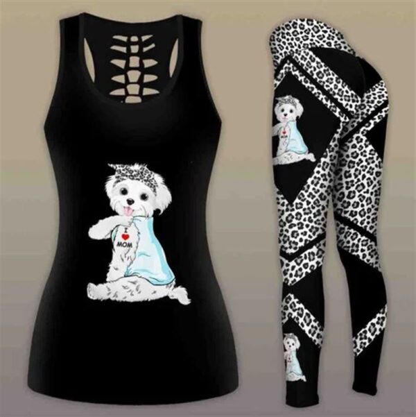 Maltipoo Dog Wear Blue Shirt Combo Leggings And Hollow Tank Top – Workout Sets For Women – Gift For Dog Lovers