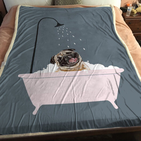 Dog Fleece Blanket – Laughing Pug Enjoying Bubble Bath – Dog Blankets – Dog In Blanket – Dog Face Blanket – Furlidays