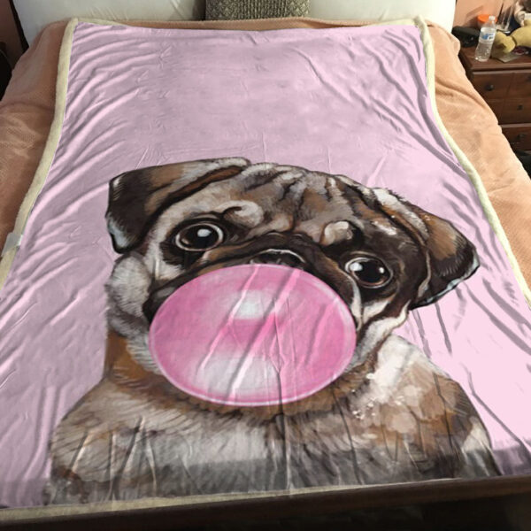 Blanket With Dogs On It – Pug Blowing Bubble Gum In Pink – Dog Throw Blanket – Dog Blankets For Sofa – Furlidays