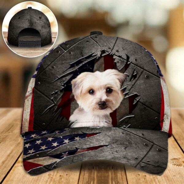 Morkie On The American Flag Cap Custom Photo – Hats For Walking With Pets – Gifts Dog Caps For Friends