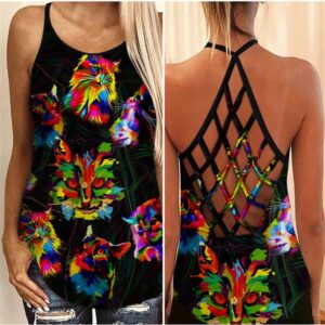 Neon Cat Criss Cross Tank Top – Women Hollow Camisole – Gift For Cat Lover